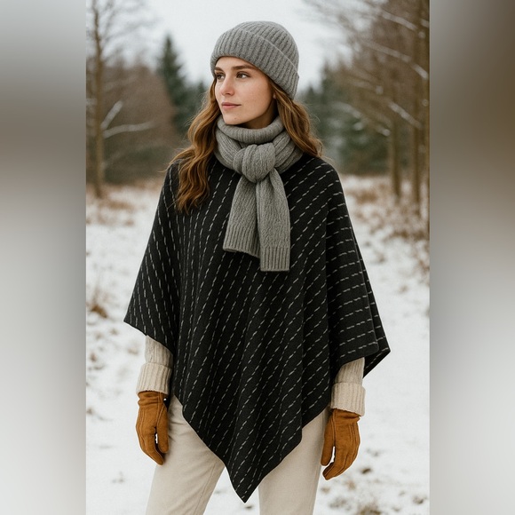 ibex Other - Ibex Black Gray Striped Poncho Merino Wool Minimalist Cozy Classic One Size